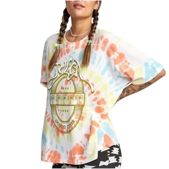 RVCA World Tour Tee Sz XS White Multicolor TieDye Graphic Print Oversized Cotton - Picture 2 of 16